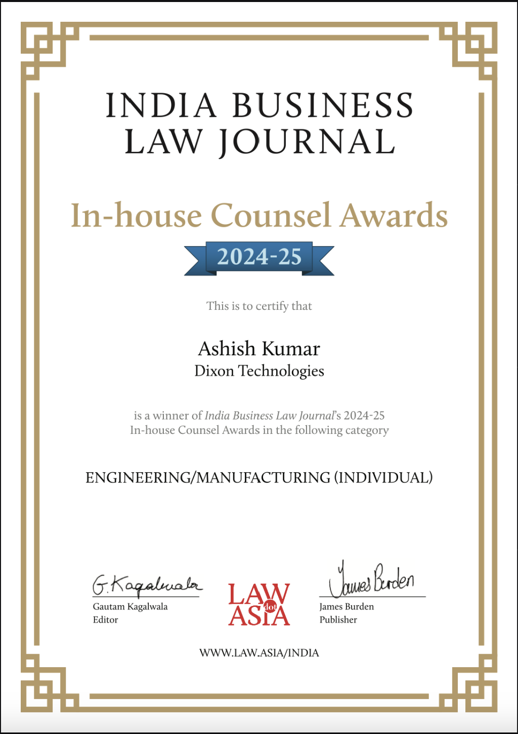 Winner of India Business Law Journal’s 2024-25